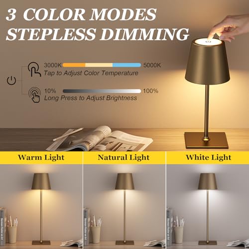 Kakanuo Brown Cordless Rechargeable Table Lamp 5000mAh Battery Operated Lamps, 3 Colors Stepless Dimming Touch Lamp for Living Room, Kitchen Counter, Dining, Outdoor Patio, 2 Pack - color: Brown 1, size: 2 Pack 14in - Up and Down Light