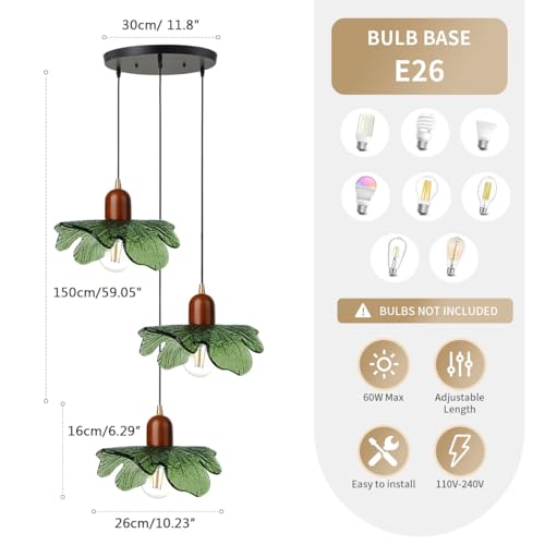 3-Light Green Flower Glass Cluster Pendant Light, Wood Adjustable Cord Hanging Lamp, Farmhouse Boho Ceiling Light Fixture for Kitchen Island Breakfast Nook Dining Table - color: Green, 3 Lights