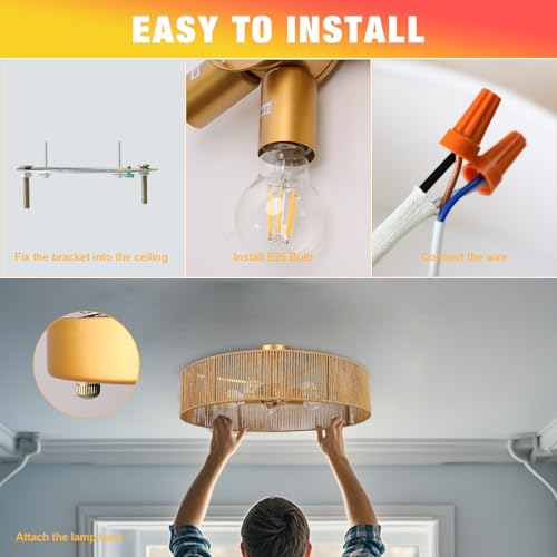 24" Natural Rattan Ceiling Light, Semi Flush Mount Gold Ceiling Light Fixture, 5-Light Boho Chandelier Antique Brass Brush Paint Farmhouse Lamp Fixture for Bedroom Living Room Kitchen Island