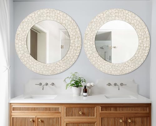 Round Coastal Mirror with Capiz Shell Frame, 36'' Large Circle Bathroom Mirrors, Decorative Wall Mirror for Living Room Dining Room Mantel Entryway - color: Cream-white, size: 36"L x 36"W