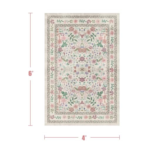 Deerly Floral Area Rugs 4x6 Washable Living Room Bedroom Carpet Vintage Boho Thin Non-Slip Soft Low Pile Floor Mat Indoor Home Decor for Dining Room Playroom Farmhouse, Beige/Light Pink/Multi - color: Beige/Light Pink/Multi, size: 4' x 6' (Rectangular)