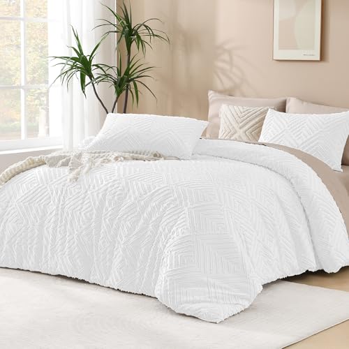 Andency White Comforter Full Size, 3 Pieces Boho Lightweight Fluffy Bedding Comforter Set for Full Bed, Tufted Farmhouse Design Bed Set for All Seasons (1 Comforter 79x90In, 2 Pillowcases) - color: 02 - White, size: Full (79"x90")