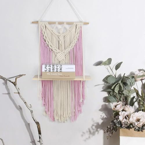 HVEST Pink Macrame Wall Hanging Shelf Boho Wall Decor Floating Storage Book Shelf Pink and Beige Handmade Woven Tapestry for Bedroom Living Room Dorm Nursery Bathroom Wall Art Macrame Plant Hanger - color: Pink Beige