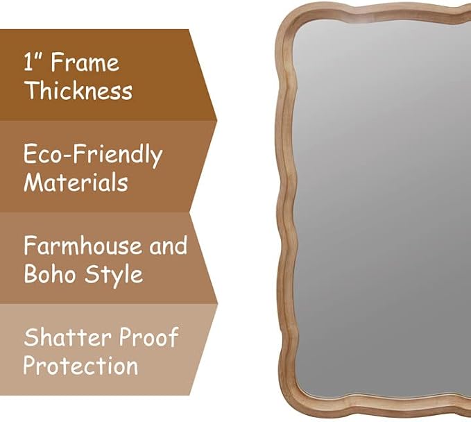 COZAYH Rustic Farmhouse Wall Mirror, 23.5” x 38” Rectangular Decorative Wall Mounted Mirror with Distressed Wood Frame & Curved Scallop Detail, Natural