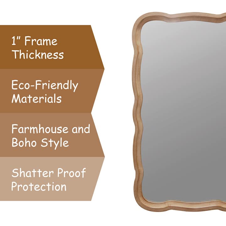 COZAYH Rustic Farmhouse Wall Mirror, 23.5” x 38” Rectangular Decorative Wall Mounted Mirror with Distressed Wood Frame & Curved Scallop Detail, Natural - color: Natural