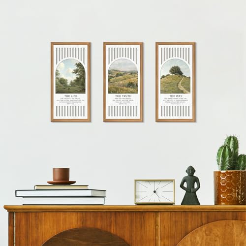 TOARTi 3Pcs Rustic Christian Wall Art Vintage Bible Verse Wooden Hanging Sign The Way The Truth The Life Wall Decor John Psalm Scripture Artwork Modern Religious Village Landscape Wall Art - color: Christian Wooden Wall Art, size: 8"L x 16"W