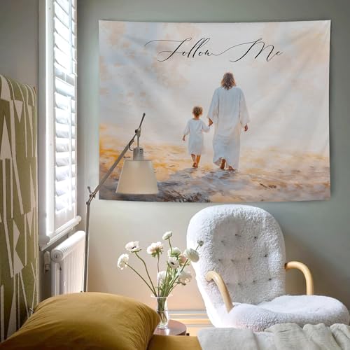 AQYIP Jesus with Kid Christian Tapestry, Follow Me Bible Verse Tapestry Decorative, Christian Religious Jesus Wall Tapestries Blanket Decor for Home Office Church Prayer Room, 50x60 Inch - color: follow me
