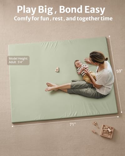 Blissful Diary Vegan Leather Baby Play Mat, 71x59 Thicken Foam Cushioned & Waterproof Playpen Mat for Infants and Toddlers, Stylish and Just Wipe-Clean Playmat for Baby Play on Floor, Light Green - color: Light Green, size: 71" X 59"