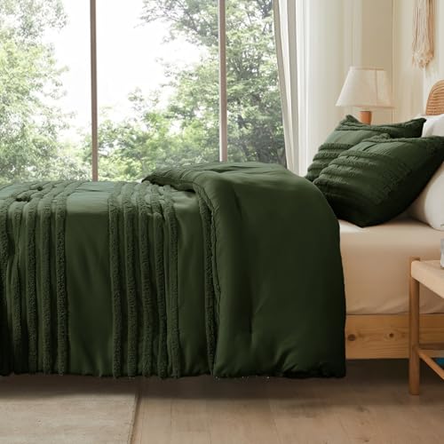BEDELITE Boho Twin/Twin XL Comforter Set，Olive Green Tufted Striped Bed Set 2 Pieces, Soft Vintage Farmhouse Comforter for College, Boho Home Dorm Decor, Fluffy Jacquard Bedding with 1 Pillow Sham - color: Olive Green, size: Twin/Twin XL