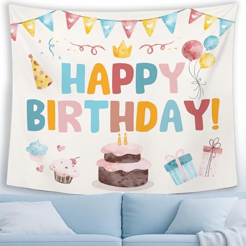 MNASAIOO Happy Birthday Wall Tapestry Hanging, Colorful Kids Banner Tapestries, Nursery Wall Decor for Girls Boys Baby Shower Party Playroom Dorm Bedroom 50x60in