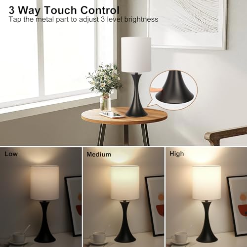 Seaside village 3 Way Touch Control Table Lamp, Modern Bedside Lamp for Bedroom, Dimmable Black Nightstand Lamp White Shade Desk Reading Light for Living Room Office Dorm, 3000K LED Bulb Included - color: Black Base with White Shade