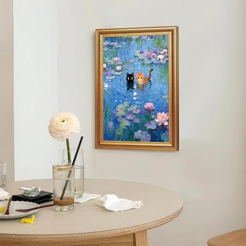 ICHZUMW Gold Framed Funny Cat Canvas Wall Art, Monet Style Water Lily Painting with Black and Orange Cats, Whimsical Animal Wall Decor, Ready to Hang for Bedroom Living Room Bathroom, 16x24in - color: Monet’s Garden Cats, size: 24"L x 16"W
