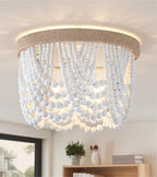 AMZASA White Boho Wood Beaded with Hemp Rope Flush Mount Ceiling Light Farmhouse Small Chandelier Light Fixture for Bedroom Hallway Entryway Closet Kitchen Dining Room Living Room Nursery - color: White