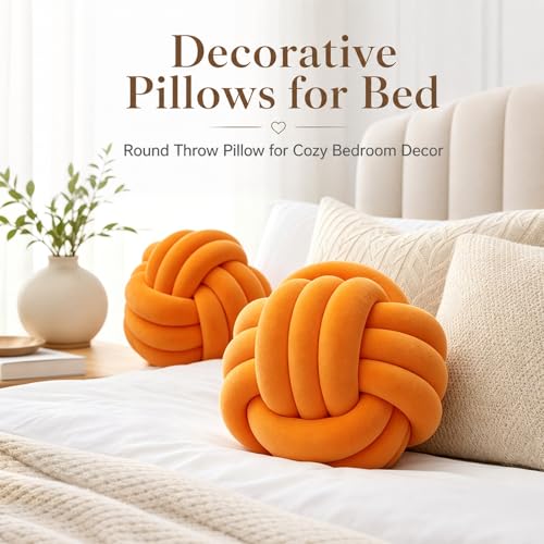 Petrella Knot Pillow, 11 Inch Orange Round Velvet Throw Pillow Ball Cushion, Machine Washable Soft Decorative Accent Pillow for Couch, Sofa, Bed, Home Decor - color: A1-orange, size: 11inch