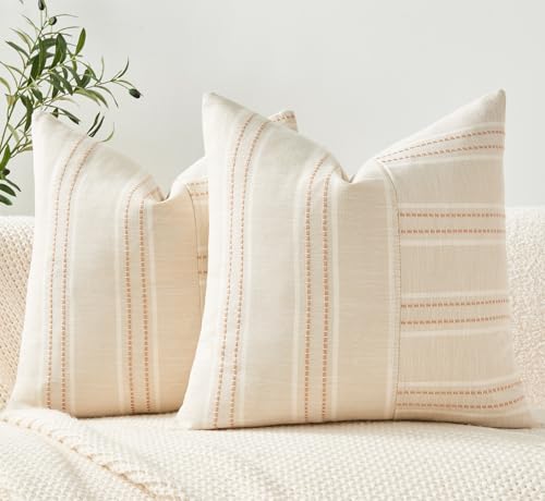Throw Pillow Covers Set of 2 18x18 Inch Striped Pillow Covers, Soft Decorative Cotton Neutral Khaki Textured Case for Couch Sofa Bed Living Room, Home Modern Farmhouse Cute Decor - color: Khaki, size: 18" x 18" (Pack of 2)
