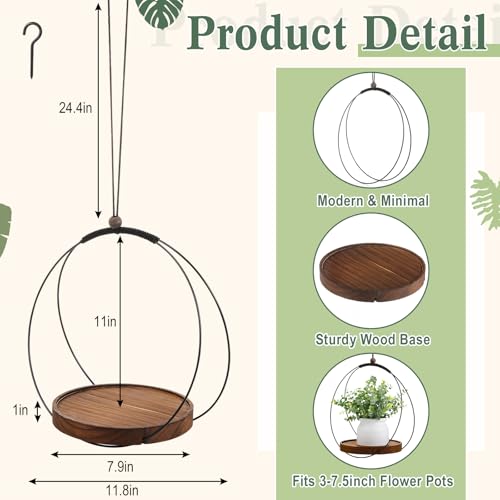 Threehoney 1 Pack Hanging Planters for Indoor Black Plant Hanger with Round Wood Base Large Indoor Hanging Plant Shelf Boho Holder Gift for Mom,housewarming (7.9 '') - size: 7.9 ''