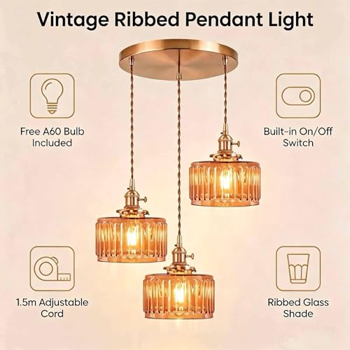 Amber Striped Glass Pendant Light, 3 Natural Light Bulbs Included, Adjustable Cord with Switch, Suitable for Kitchen Island/Dining Room - color: Amber 3pcs Ribbed Glass Pendant Light