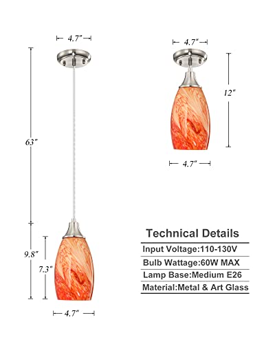 karyfine Art Glass Mini Pendant Lights Kitchen Island Marble Glass Pendant Light Shade with Brushed Nickel Finish Ceiling Hanging Lights for Kitchen Over Sink,Dining/Living Room Red Marble-1Pack - color: Red marble -1Pack