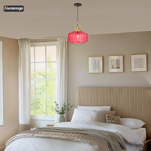 11.8in Mid Century Modern Pendant Light Gold Large Wine Red Glass | Vintage Lighting Fixture Ceiling Hanging Lamp for Kitchen Island Foyer Dining Room Bedroom Entryway Hallway Over Sink Table - color: Wine Red & Gold Hardwire, size: 11.8in