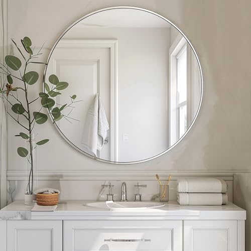 Sunniry Silver Round Mirror 16 inch, Round Wall Mirror with Aluminum Frame, Circle Mirrors for Living Room, Bathroom, Wall, Hallway. - color: Silver, size: 16"L x 16"W