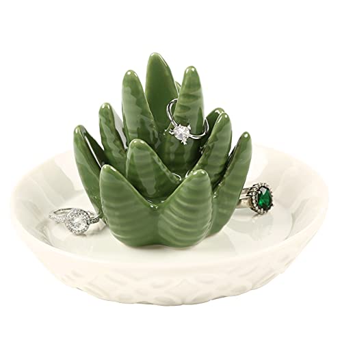 HOME SMILE Ceramic Aloe Ring Holder,Cactus Dish Dish for Jewelry,Christmas Birthday Gifts for Women