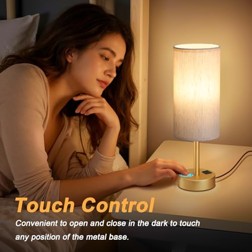 Dicoool Elegant Gold Touch Table Lamp, Modern Wedding Gift for Couples, Bedside Lamps with USB-C USB-A Charging Ports, 3 Way Dimmable Small Lamp for Office, Bathroom, Living Room，Christmas Gift - color: Cream-Gold, size: 14in