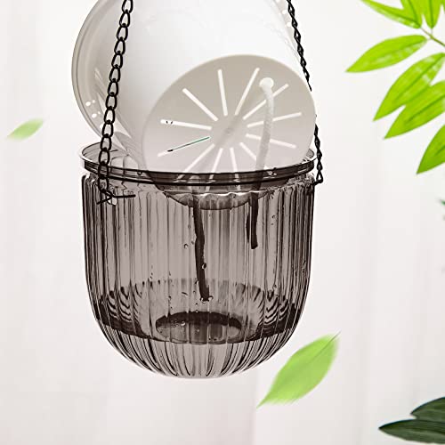 Meanplan 4 Pcs Self Watering Hanging Planter Indoor 6.5 Inch Hanging Baskets for Plants Outdoor Plastic Flower Pot with 3 Hooks Chains Drainage Holes for Garden Home, Medium Size(Gray) - color: Gray