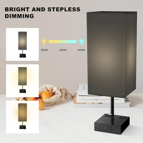 YIDPU Table Lamp for Bedroom with USB,Bedside Lamp with USB C+A Charging Ports,Adjustable 3color LED Light for Home Decor/Nightstand/Office,Included Bulb and Fabric Lamp Shade (Linen Black, 1PCS) - color: Linen Black, size: 1PCS