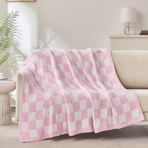 Checkered Throw Blanket, Pink Soft Cozy Fluffy Knitted Throw Blankets for Couch, Sofa, Bed, Chair, Warm Fuzzy Travel Picnic Lightweight Plaid Blanket, 50x70 inches - color: Pink, size: 50×70 Inch
