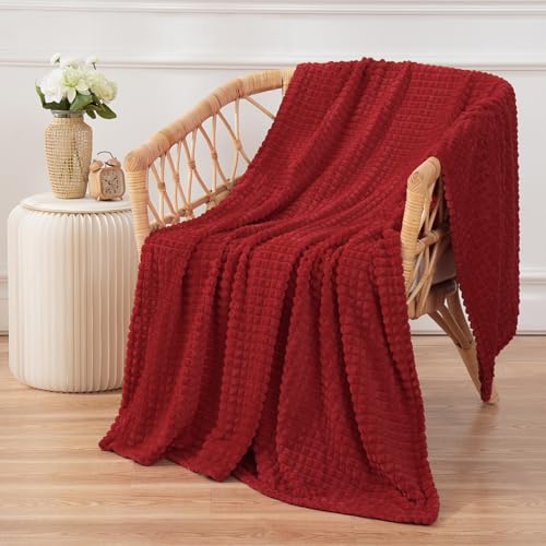 Red Throw Blanket 50"×70" Decorations Fleece Super Soft Plush Fuzzy Cozy Blanket with Square 3D Jacquard Grid Design Luxury Lightweight for Couch Sofa Chair - color: Red, size: 50"×70"