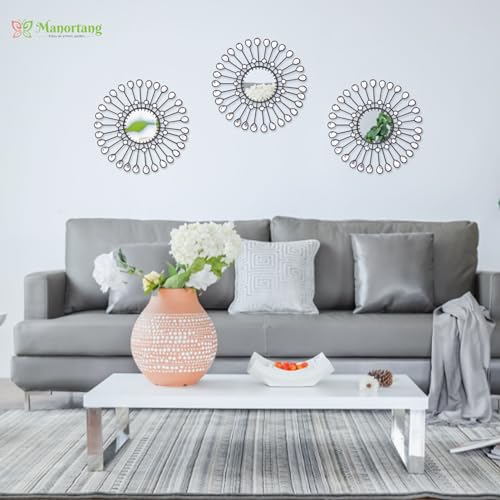 Black Mirrors 3 Piece, Sunburst Mirror Hanging Wall Decor, 9 inch Decorative Mirrors Wall Art, Rhinestone Round Mirror for Bedroom, Valentine, Kitchen, House Warming Valentine Gifts - color: Black- C