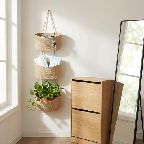 3-Tier Woven Cotton Rope Hanging Basket, Over the Door Organizer, Adjustable Detachable Wall Basket with Metal & Adhesive Hooks, No Drilling for Bedroom, Closet, Entryway & Home Decor - style: Jute