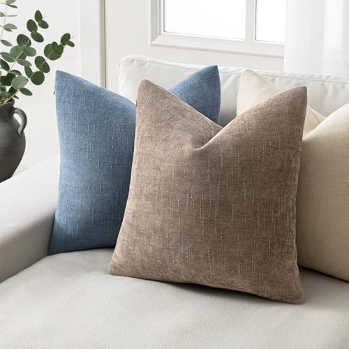 Set of 2 Textured Throw Pillow Covers Decorative Soft Accent Square Chenille Pillowcases Neutral Farmhouse Cushions Modern Home Decor for Couch Sofa Bedroom Living Room 18x18 Inch, Taupe Gray - color: Taupe Gray, size: 18" x 18" (Pack of 2)