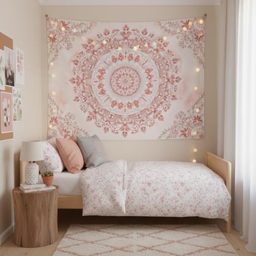 Accnicc Pink Floral Mandala Tapestry Wall Hanging Boho Medallion Tapestry Aesthetic Watercolor Flower Cute Small Tapestries for Bedroom Living Room Dorm Decor 60 x 44 Inch - color: Light Pink, size: 60"L x 44"W