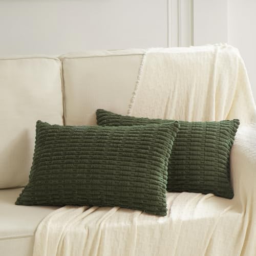Fancy Homi Decorative Throw Pillow Covers for Bed Couch Bedroom Bench, Soft Corduroy Solid Pillow Case, Rustic Farmhouse Boho Room Decor,20" x 12" (Pack of 1),Olive Green - color: Olive Green, size: 20" x 12" (Pack of 1)