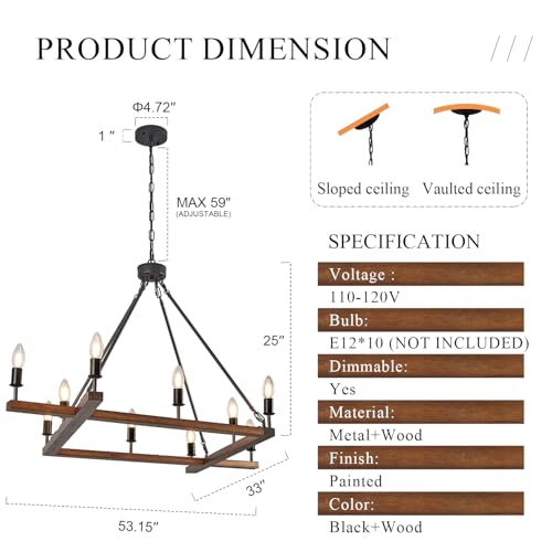 Rustic L53'' Wooden Square Chandelier 10-Light Farmhouse Unique Rectangular Candle Chandelier with White Light Socket for Living Dining Room Foyer Kitchen Bedroom High Ceiling, E12 - color: Walnut, size: 53 inches