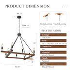 Rustic L53'' Wooden Square Chandelier 10-Light Farmhouse Unique Rectangular Candle Chandelier with White Light Socket for Living Dining Room Foyer Kitchen Bedroom High Ceiling, E12 - color: Walnut, size: 53 inches