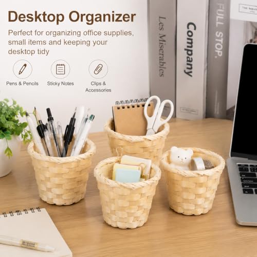 20pcs Small Baskets, Mini Woven Bamboo Basket, Desktop Small Flower Pot Wicker Basket Pencil Holder for Home Office Table Storage Party Favors Crafts Decor, 3.54 x 2.95 inch