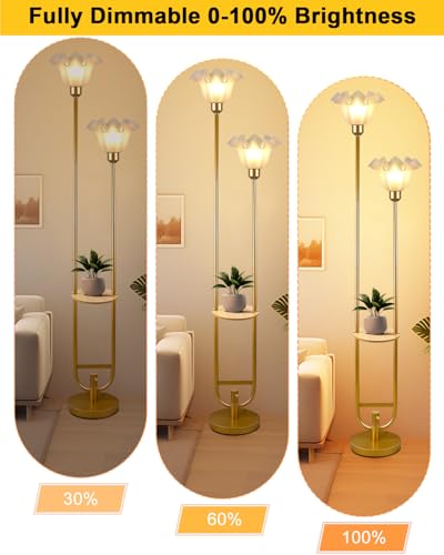 Flower Floor Lamps with Table, 2-Lights Dimmable Floral Floor Lamp, 3000K Warmwhite Modern Floor Lamp, Vintage Gold Standing Lamp with 5Lbs Heavy Base for Living Room Bedroom Girls Room - color: 2 Flower-Gold