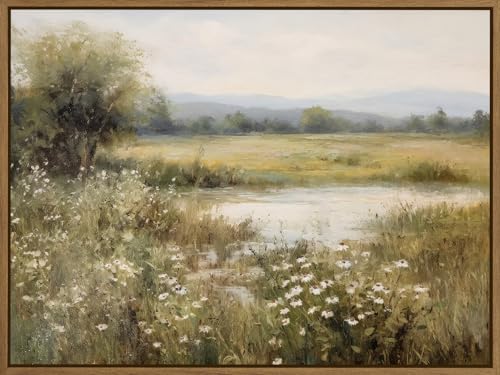 Vintage Landscape Wall Art Spring Wildflower Field Pictures Wall Decor Rustic River Pond Painting Prints Nature Wilderness Scenery Poster Framed for Bedroom Bathroom Home Kitchen Decoration 12x16 Inch - color: Rustic Pond River, size: 16"L x 12"W