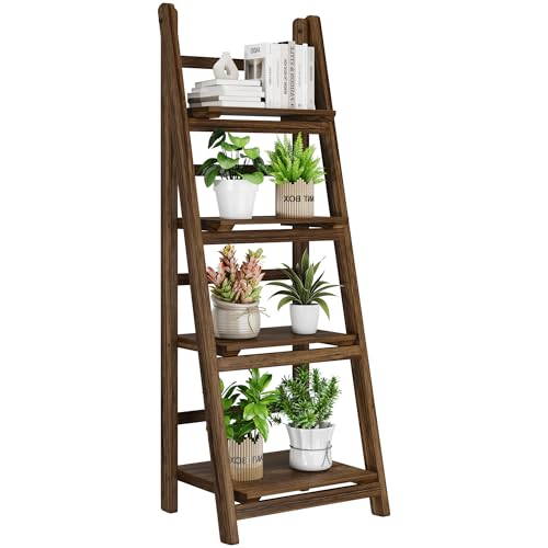 Ladder Shelves - Folding Wooden Ladder Bookshelf, 4-Tier Retro Plant Stand Storage Shelves for Home Living Room, Brown - color: Dark Brown