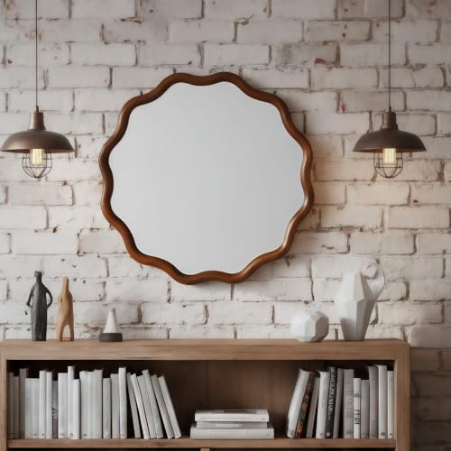 36" Wavy Round Wall Mirror with Solid Wood Frame, Country Irregular Decorative Mirror for Bathroom, Bedroom, Living Room & Entryway, HD Tempered Glass, No Distortion Vanity Mirror (Walnut,36“) - color: Walnut, size: 36"L x 36"W