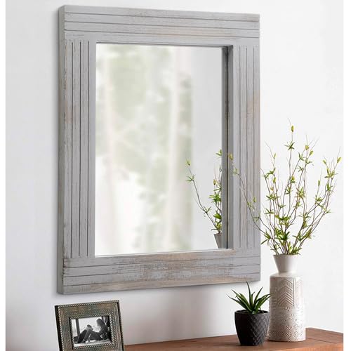 Rustic Wall Mirror Farmhouse, with Frame Wood Wall Mirror Rectangle Antique Decor Hanging Mirror for Bathroom Living Room Bedroom Entryway Small 16" x 12 " - color: Rustic Gray, size: 16"L x 12"W