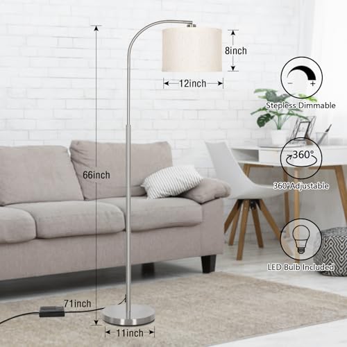 Arc Floor Lamp, Dimmable Floor Lamp for Living Room, Standing Lamp with Adjustable Drum Shade, Tall Pole Lamp for Bedroom Study Room Office, 9W 3000K LED Bulb Included - color: Silver