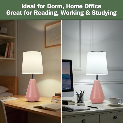 Small Bedside Table Lamp for Bedroom - Reading Desk Lamp with 3 Color Temperatures，15.5" Nightstand Ceramic Lamp with Fabric Shade for Kids Room,Living Room,Dorm,Home Office (Pink+White) - color: Pink+White-1, size: 15.5"