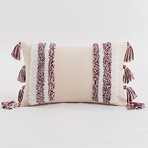 Boho Lumbar Throw Pillow Cover Tufted Woven Decorative Pillowcase with Tassel Rectangle Farmhouse Stripe Cushion Cover for Sofa Bed Living Room (Wine Red,12x20 Inch) - color: Wine Red, size: 20" x 12" (Pack of 1)