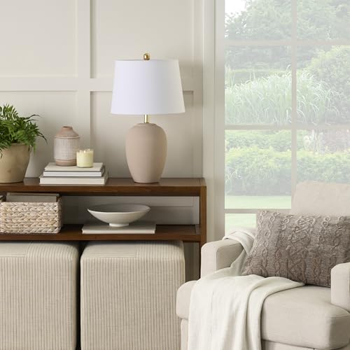 Nourison Home 23" Light Pink Ceramic Jar Table Lamp for Bedroom, Living Room, Dining Office, with White Shade (Pack of 1) - color: Blush Pink, size: 1 Lamp - Drum Shade