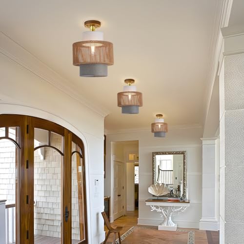 KEESFU 3-tier Drum Lamp Shade for Pendant Lighting Floor Lamps Chandelier，Vintage Rattan and Fibric Lampshade for Hanging Lamp Replacement Shade. - size: style D