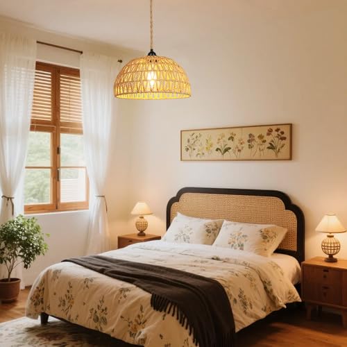 Boho Pendant Light Plug in: Rattan Hanging Lamp with 14.7ft Plug in Cord, Adjustable Height Hand Woven Hanging Light Fixture for Living Room, Bedroom, Dining Room, Kitchen, E26 No Bulb