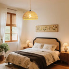 Boho Pendant Light Plug in: Rattan Hanging Lamp with 14.7ft Plug in Cord, Adjustable Height Hand Woven Hanging Light Fixture for Living Room, Bedroom, Dining Room, Kitchen, E26 No Bulb
